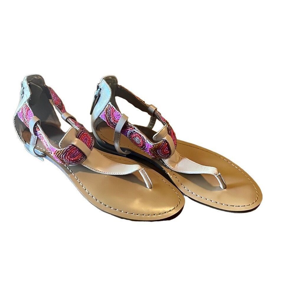Guess 7 Pink Tan Beaded Embellished T-Strap Flip‎ Flop Sandals Boho Festival